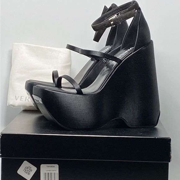 Versace 3 Strap Satin Platform Wedge Sandals size 37 - Picture 12 of 14